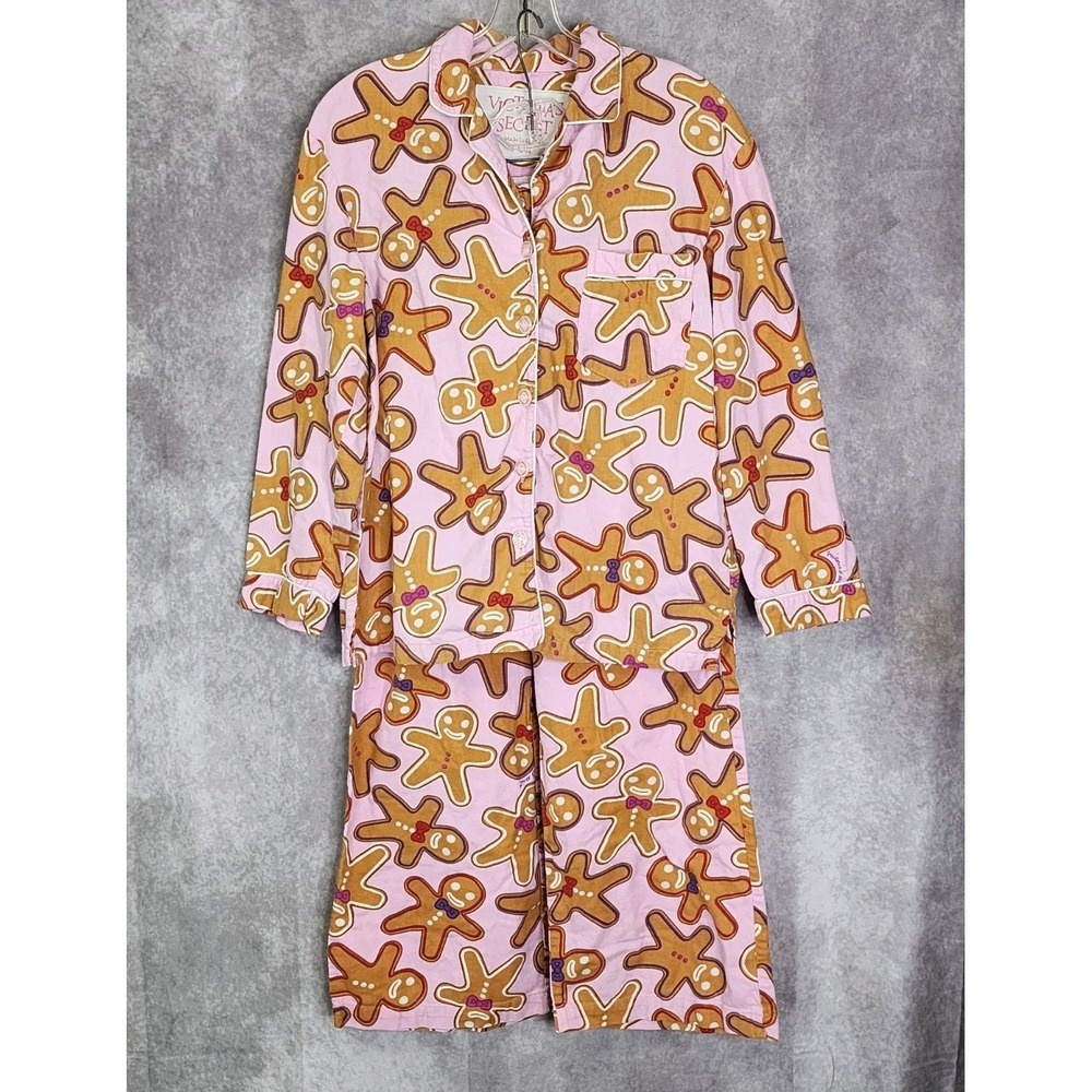 Vintage‎ Victorias Secret Gingerbread Man Pink Flannel PJ  Pajamas Set X-Small